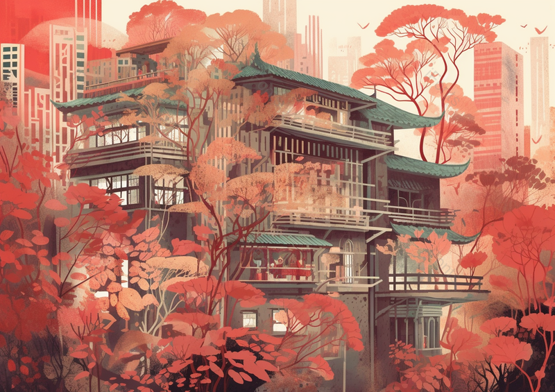中国国潮国风新中式古风建筑红色的枫树树叶室外风景场景背景插画,插画/手绘图,插画/手绘图库,插画/手绘图下载,插画/手绘
